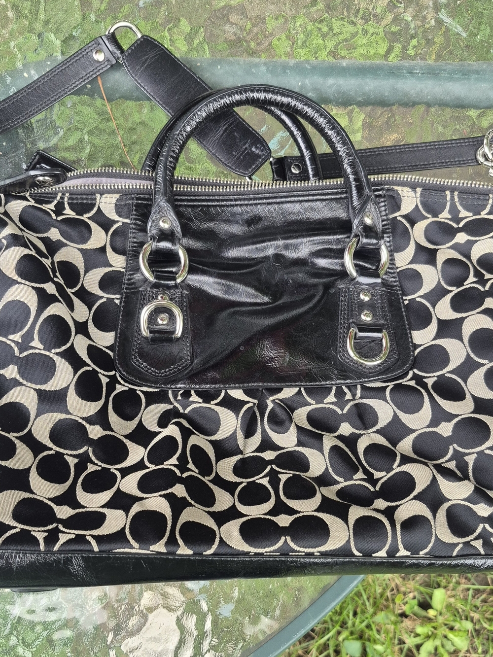 Coach Black and Ivory Signature Tote with Gloss Black Trim